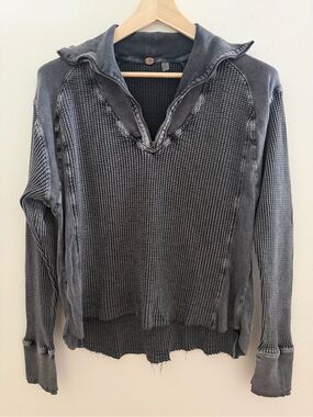 Free People FP One Mason Waffle Knit Zip Hoodie Faded Black XL